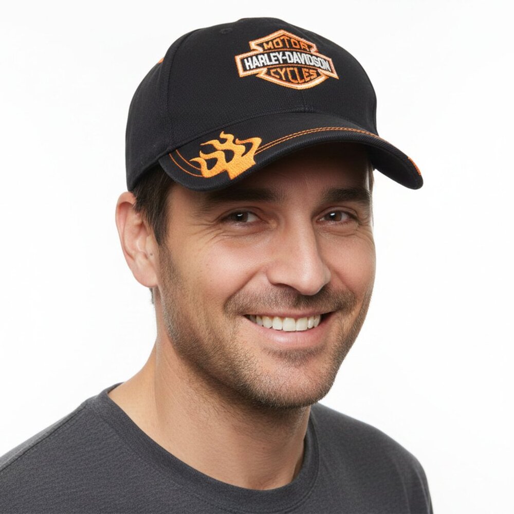 Harley-Davidson Flames Baseball Cap Black & Orange Hat Embroidered Bar & Shield
